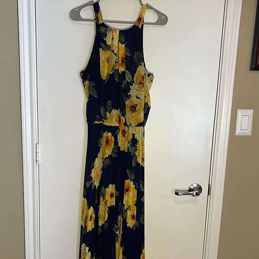 Premier Amour Blue and Yellow Flower Long Halter Dress